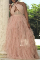 Pink Sexy Solid Mesh Halter Mesh Dress Dresses