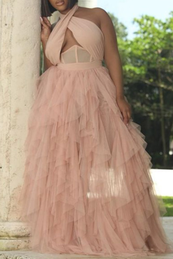 Розовое сексуальное однотонное сетчатое платье с лямкой на шее