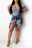 Yellow And Blue Sexy Patchwork Tassel Tie-dye Mid Waist Skinny Denim Shorts