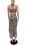 Black Sexy Print Bandage Hollowed Out Patchwork Metal Accessories Decoration Halter Sleeveless Two Pieces