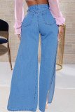 Blauwe straat effen gescheurd patchwork vest losse denim jeans met hoge taille