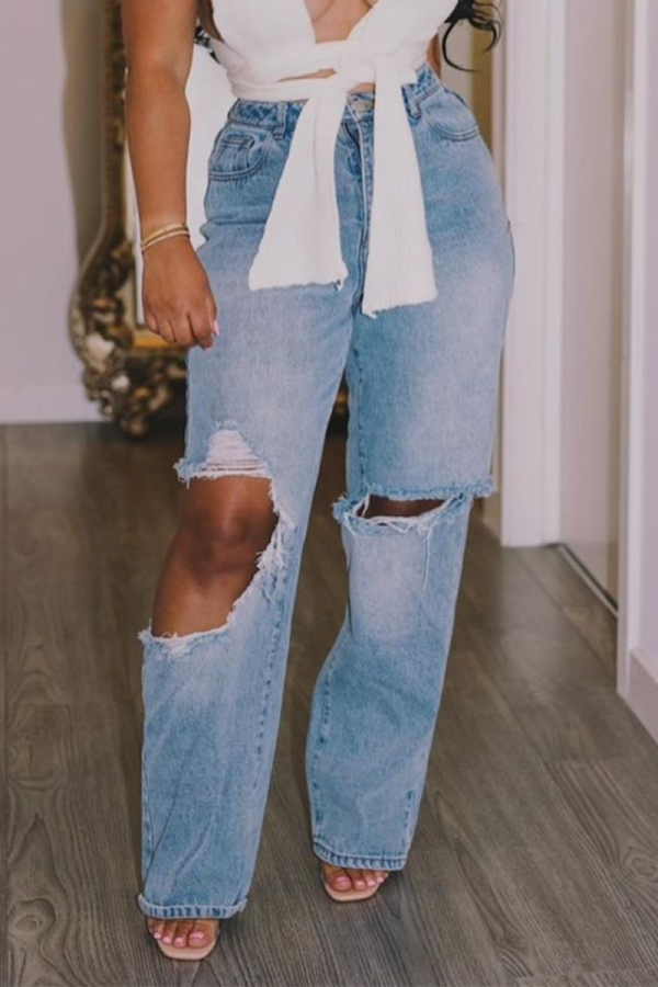 Blue Casual Solid Wide Leg Ripped Loose Denim Jeans