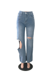 Blue Casual Solid Wide Leg Ripped Loose Denim Jeans