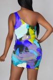 Blue Sexy Print Hollowed Out Pencil Skirt Dresses
