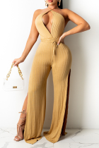 Gold Sexy Solid High Opening Halfter Loose Jumpsuits