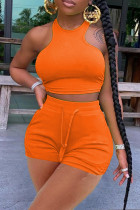 Orange Casual Sportswear Solid Vests O Neck Sleeveless Two Pieces Tank Crop Tops And Shorts Set
