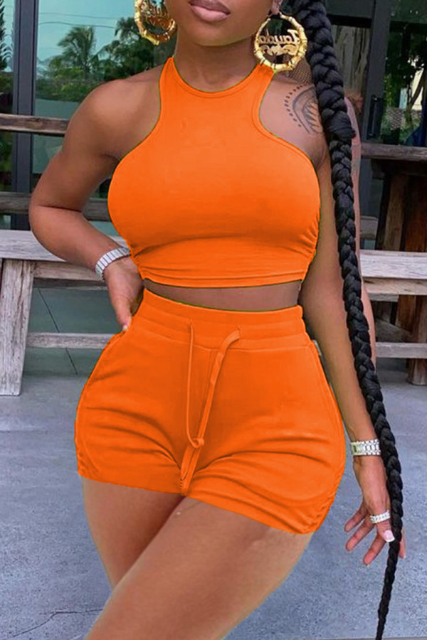 Оранжевая повседневная спортивная одежда Твердые жилеты с круглым вырезом без рукавов Две части