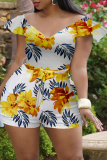 Yellow Sexy Print Patchwork V Neck Skinny Rompers