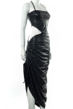 Zwarte sexy effen uitgeholde halter onregelmatige jurk jurken