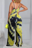 Green Casual Patchwork Tie-dye Spaghetti Strap Loose Jumpsuits