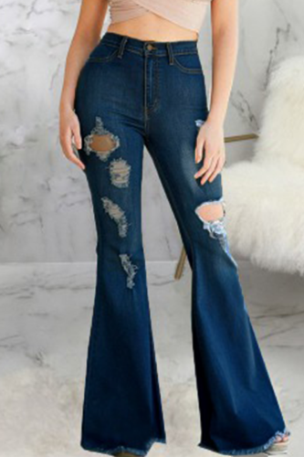 Mörkblå Casual Solid Ripped Mid Waist Boot Cut denim jeans