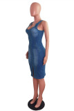 Светло-голубое сексуальное повседневное однотонное джинсовое платье без рукавов с v-образным вырезом и разрезом