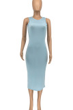 Cyan Casual Solid Patchwork O Neck Pencil Skirt Dresses