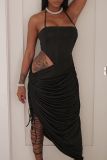 Черное сексуальное сплошное выдолбленное платье с лямкой на шее Нерегулярное платье Платья