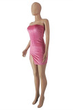 Розово-красное модное сексуальное однотонное платье без бретелек без рукавов с открытой спиной и разрезом