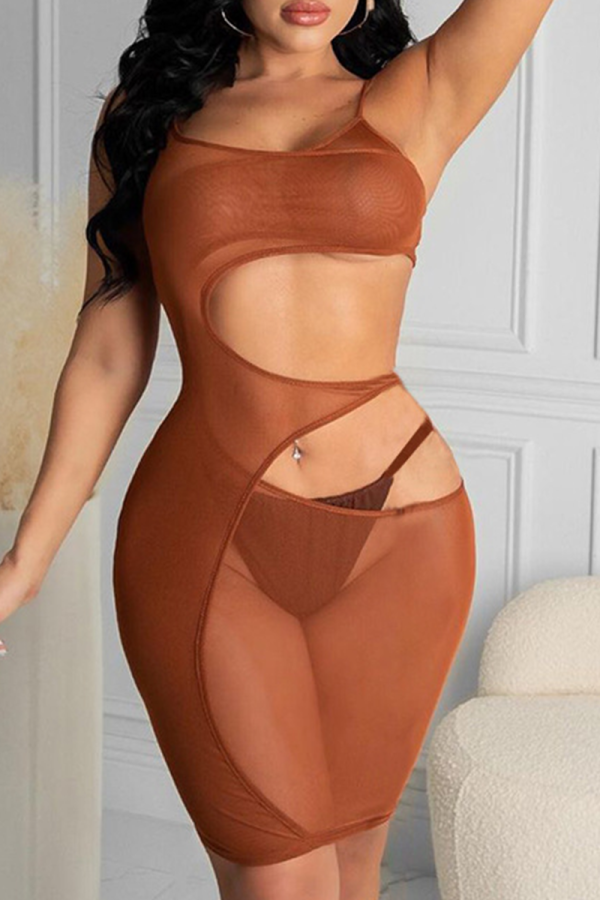 Vestidos de falda de lápiz con correa de espagueti de malla sólida sexy marrón