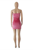 Rose Red Fashion Sexy Solid Backless Slit Strapless Mouwloze Jurk