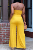 Yellow Casual Solid Patchwork Strapless Straight Jumpsuits