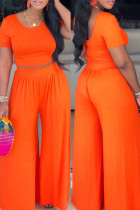 オレンジファッションカジュアルソリッドベーシックOネック半袖ツーピース