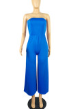 Blue Casual Solid Patchwork Strapless Straight Jumpsuits