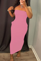 Roze sexy casual effen rugloze strapless mouwloze jurk