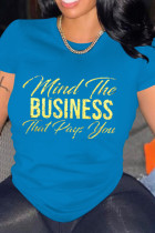 Blauwe, mode-casual T-shirts met letterprint, basic O-hals