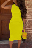 Yellow Casual Solid Patchwork O Neck Pencil Skirt Dresses