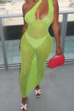 Light Green Fashion Sexy Solid Hollowed Out See-through One Shoulder Sleeveless Dress