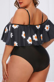Black Sexy Print Hollowed Out Patchwork Off the Shoulder Plus Size Swimwear