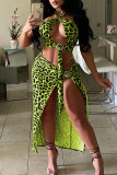 Green Sexy Print Bandage Hollowed Out Patchwork Metal Accessories Decoration Halter Sleeveless Two Pieces