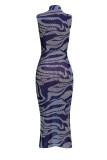 Синий сексуальный принт в стиле пэчворк Прозрачные платья с юбкой-карандашом до половины водолазки