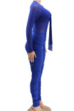 Blauwe sexy effen bandage patchwork doorzichtige skinny jumpsuits met vouw en O-hals