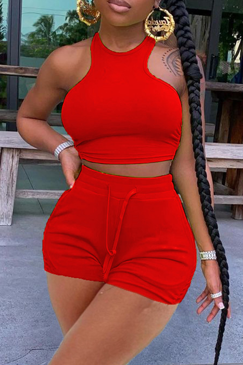 

Red Casual Sportswear Solid Vests O Neck Sleeveless Two Pieces