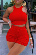 Red Casual Sportswear Solid Vests O Neck Sleeveless Two Pieces Tank Crop Tops And Shorts Set