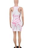 Pink Sexy Print Patchwork Asymmetrical O Neck Pencil Skirt Dresses