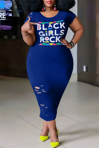 Blue Casual Print Patchwork O Neck Pencil Skirt Plus Size Dresses