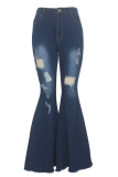 Jeans jeans azul escuro casual rasgado cintura média com corte de bota