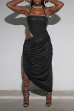 Черное сексуальное сплошное выдолбленное платье с лямкой на шее Нерегулярное платье Платья