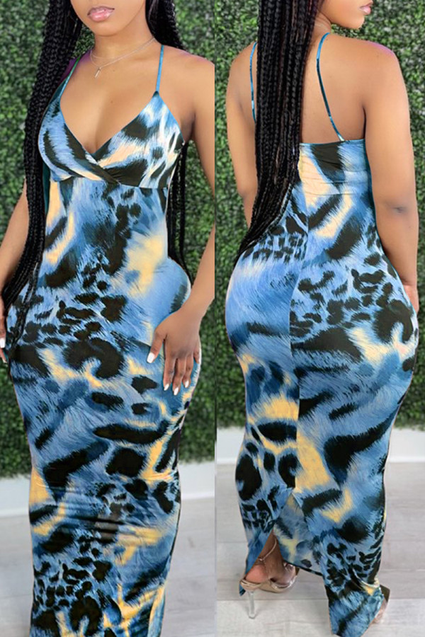 Blue Fashion Sexy Print Backless Sling Dress mit V-Ausschnitt