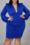 ブルーのセクシーなソリッドパッチワークVネックプラスサイズドレス
