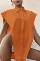 Oranje casual effen patchwork-tops met kraag en kraag