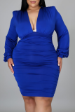 Blue Sexy Solid Patchwork V Neck Plus Size Dresses