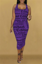 Purple Fashion Sexy Print Basic U Neck Sleeveless Dress