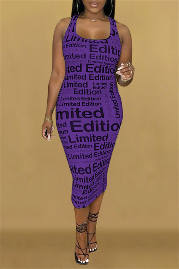 Lila Fashion Sexy Print Basic U-Ausschnitt ärmelloses Kleid