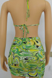 Green Sexy Print Patchwork Draw String Frenulum Backless Halter Sleeveless Two Pieces
