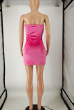 Розово-красное сексуальное мини-платье без бретелек с принтом в стиле пэчворк Платья