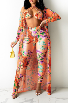 Orange Sexy Print Hollowed Out Halter Long Sleeve Three Pieces