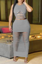 Grey Sexy Solid Ripped O Neck Sleeveless Two Pieces