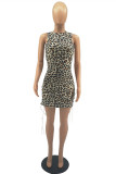 Multicolor Fashion Sexy Print Leopard Backless O Neck Sleeveless Dress Kleider