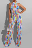 Farbe: Eleganter, bedruckter Patchwork-Frenulum-Jumpsuit mit O-Ausschnitt und geradem Schnitt